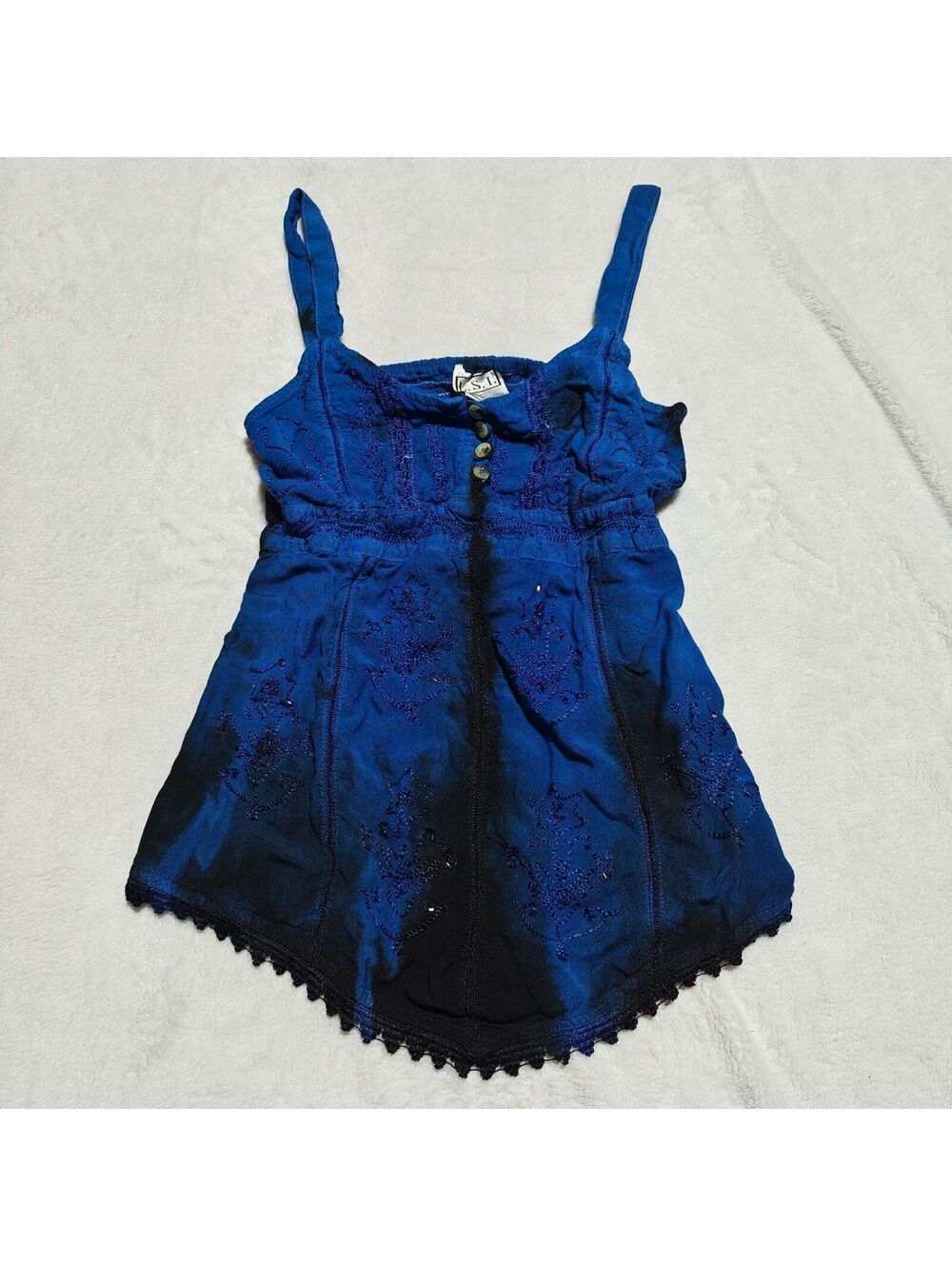 L.S.I. dark blue and black tie dye babydoll top with adjustable button straps